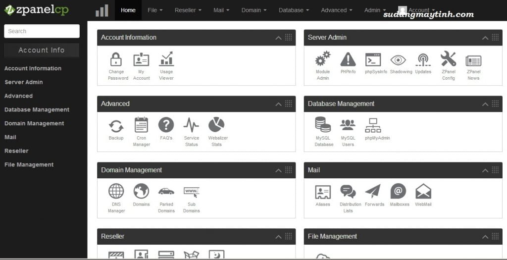 Zpanel control panel màn hình quản lý host của Zpanel