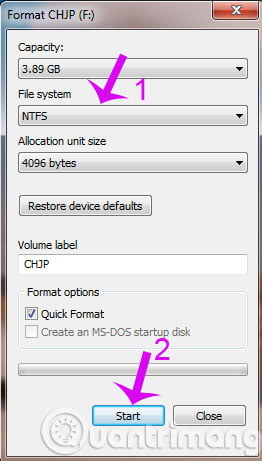 Ở ô File system, các bạn chọn NTFS và nhấn Start để bắt đầu tiến trình Format.