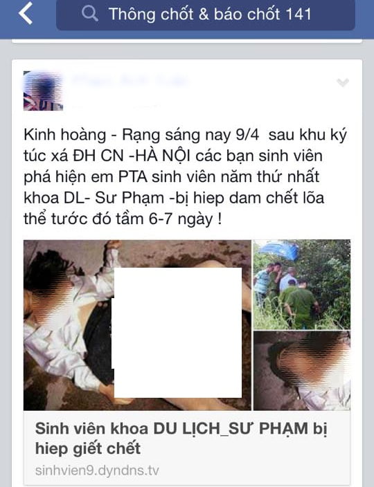 Tung tin đồn thất thiệt về “Nữ sinh bị hiếp – giết” lên mạng xã hội Facebook tung tin đồn thất thiệt về “Nữ sinh bị hiếp – giết” lên mạng xã hội Facebook